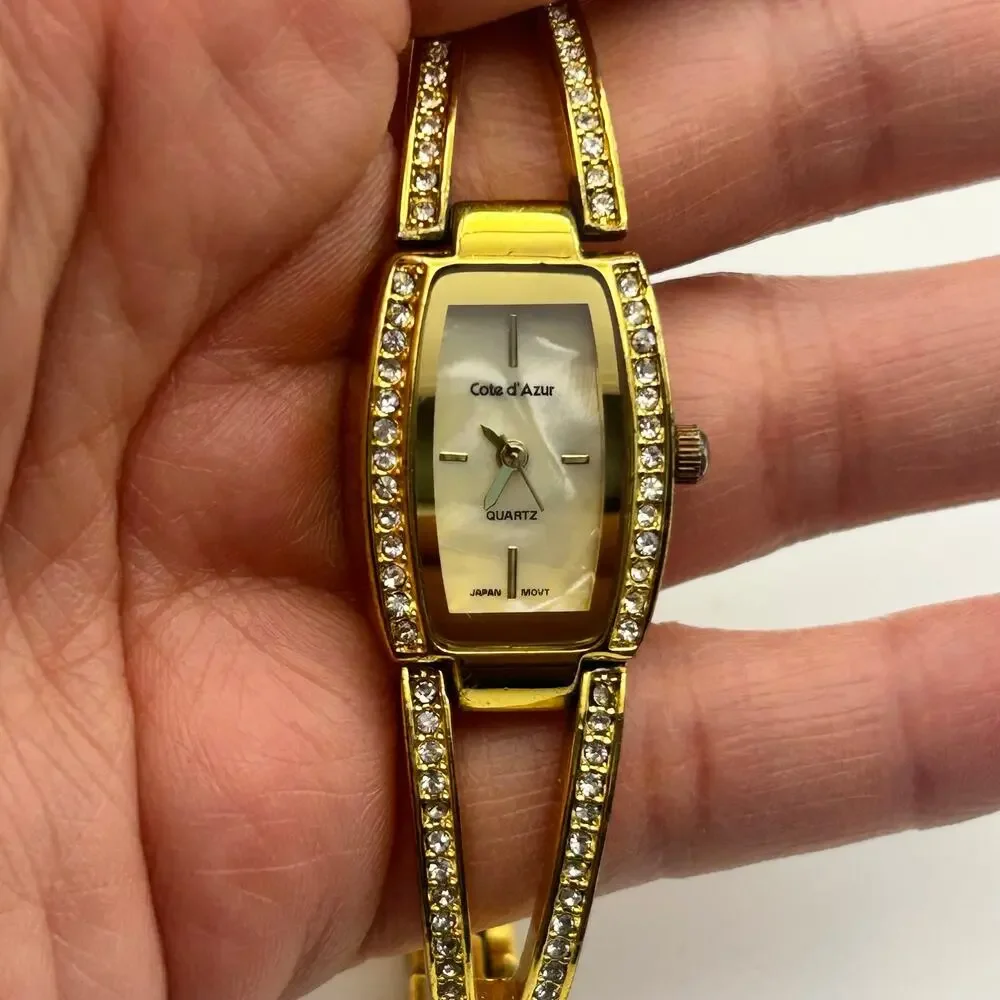 Cote d’ Azur Gold Tone Mother Pearl Crystals Accent Women’s Fashion Watch